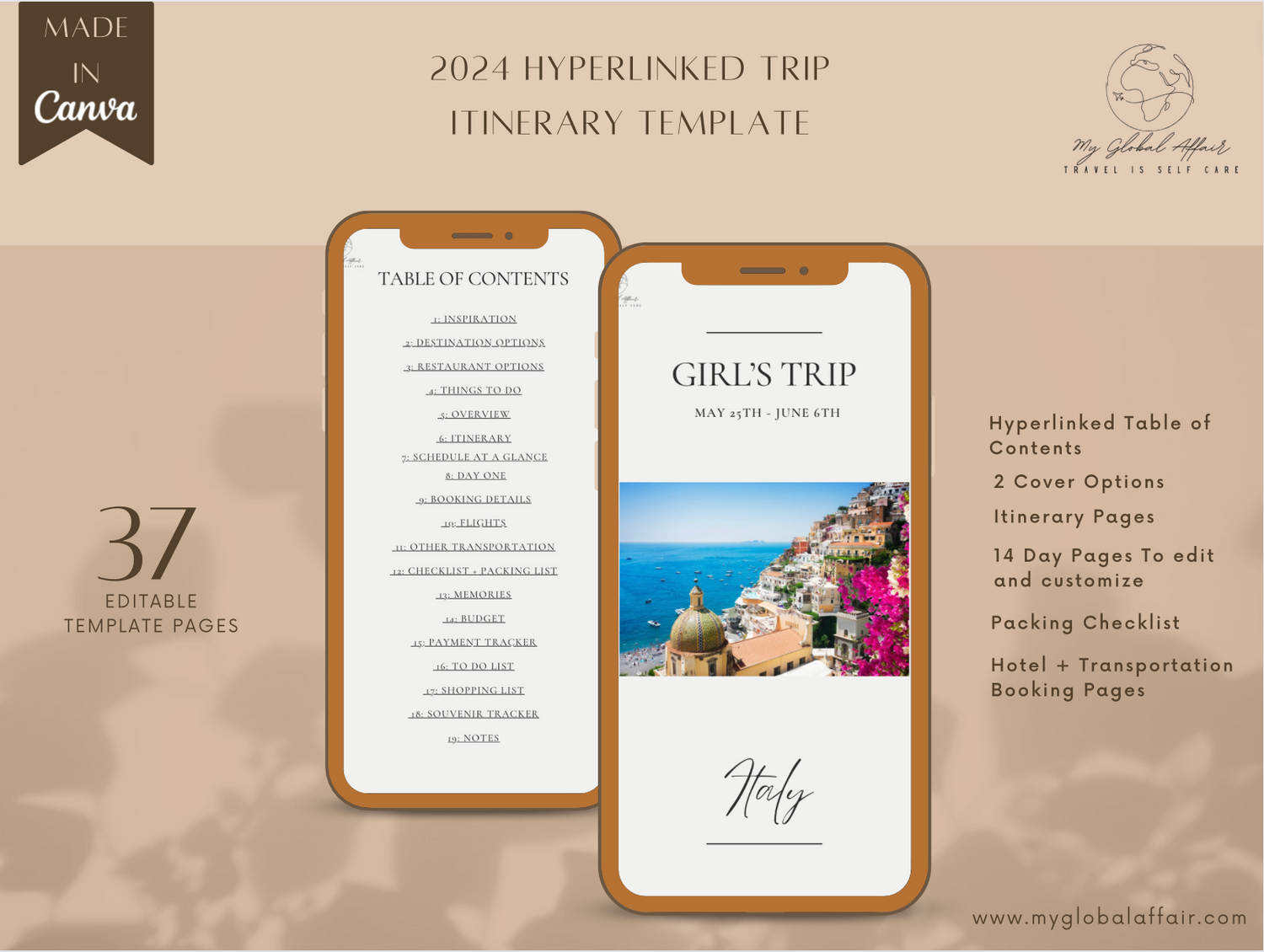Hyperlinked & Fully Customizable Trip Itinerary - Digital Download - My Global Affair